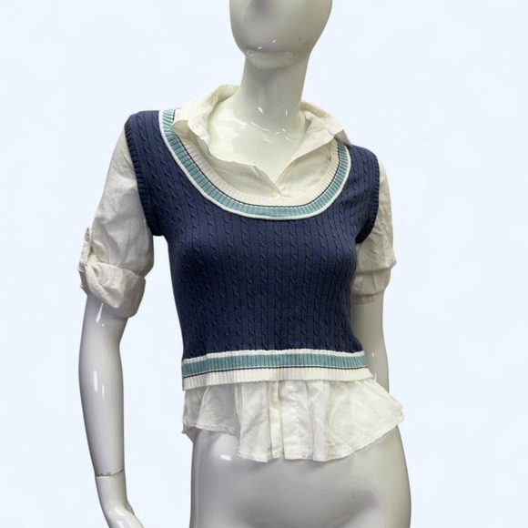 Liv By Habitat Sweaters - Y2K Preppy Layered Sweater Vest Top, blue, button down